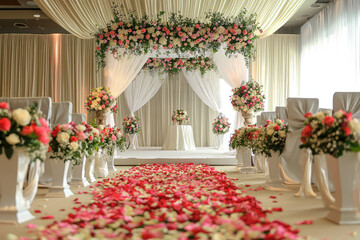 A lavish wedding ceremony with beautiful floral arrangements and decor
