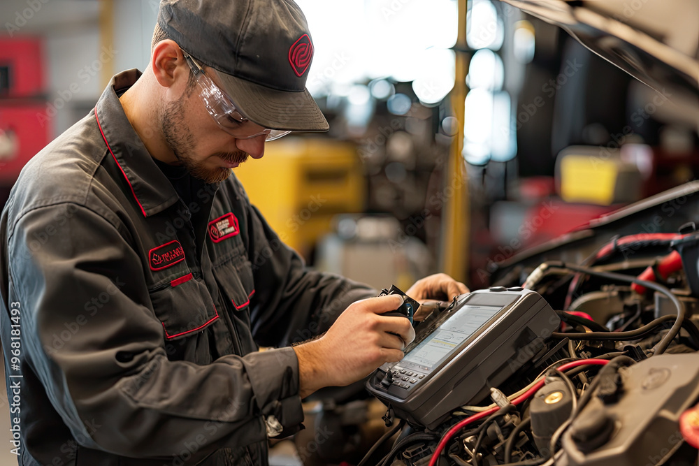 Poster A mechanic diagnosing an engine problem using scanner, focused and skilled
