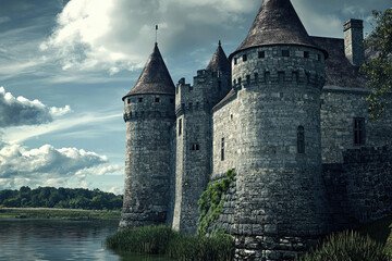 Fototapeta premium A medieval castle with turrets and serene moat reflects timeless beauty