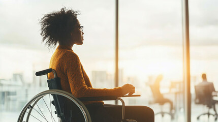 A businesswoman in a wheelchair sits by a large window in a modern office, looking thoughtfully outside. The image highlights professionalism, focus, and inclusivity in the workplace.