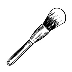 A makeup brush. A cosmetic tool. A black and white vector graphic illustration made by hand. A design element for beauty and fashion, cosmetics, makeup. Highlighted on a white background.
