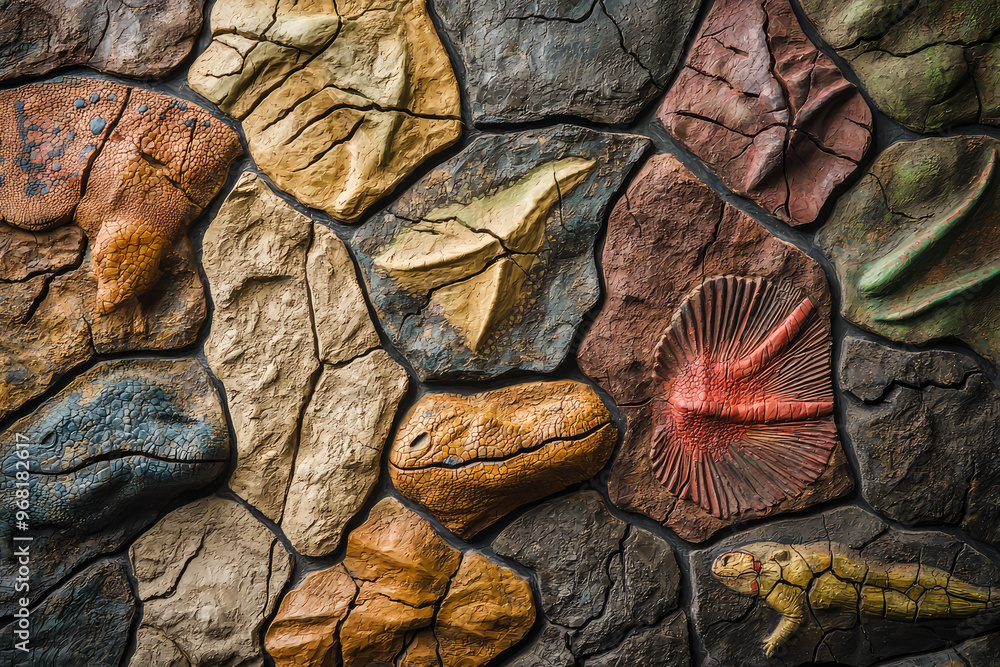 Poster textured wall with colorful dinosaur fossils and rock patterns