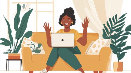 Fototapeta premium A joyful young woman engages in a video call from the comfort of her couch, enthusiastically waving as she connects with others through her laptop's video conferencing capabilities.