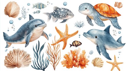 Naklejka premium Watercolor illustration of dolphins, sea turtles, starfish, and coral with seashells. Ideal for marine-themed banners, educational materials, or decor. Minimalist design with ample copyspace for text.