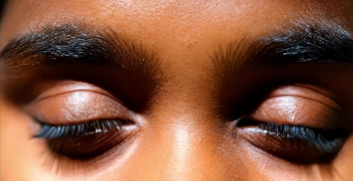 man closed eyes, close up. Face of young boy close up, brown eyes