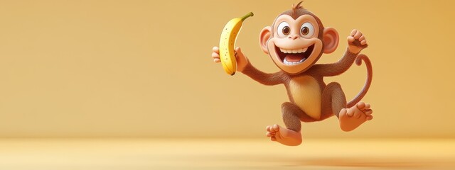 Playful cartoon monkey with a banana jumps joyfully against a vibrant yellow background