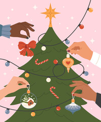 Christmas card of people decorate the tree with toys, garlands, balls. Hands holds Christmas decorations. Design concept for celebrating New Year. Vector flat holiday illustration.