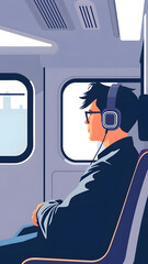 Young man wearing headphones rides a subway train during daytime commute