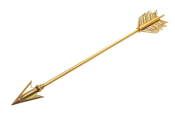 Gold arrow with pointed tip on a transparent and isolated white background. Generated AI