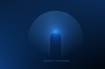 Circle lines arch abstract vector background. Minimal geometric circular dark blue pattern with glowing shine. Technology design concept. Modern shiny rounded lines banner.