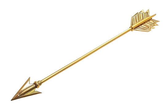 Gold arrow with pointed tip on a transparent and isolated white background. Generated AI