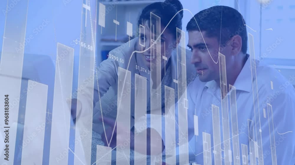 Aufkleber animation of data processing and diagrams over biracial colleagues talking in office