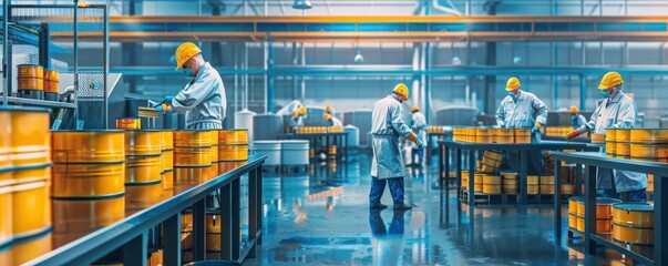 Workers in a factory inspecting tinned food production line with focused precision. Free copy space for banner.