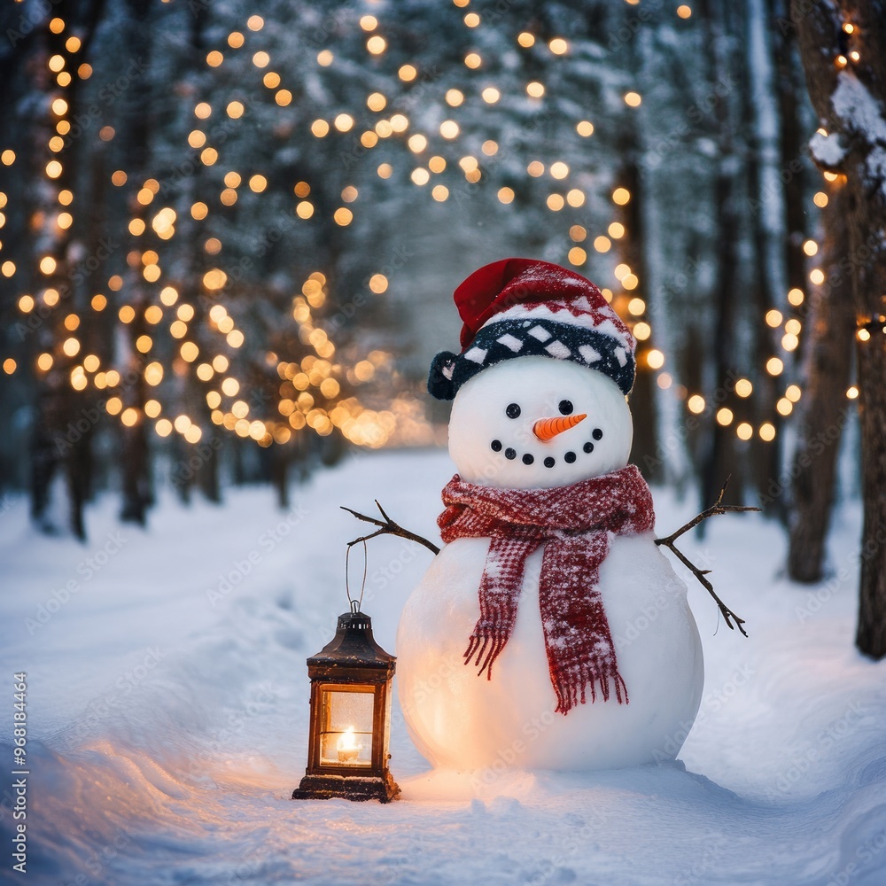 Wall mural A snowman with a scarf and hat stands in a snowy forest illuminated by fairy lights.