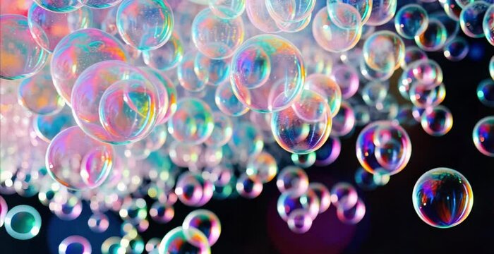 soap halographic bubbles on black, slowly float in space, soap bubbles bokeh background, copy space