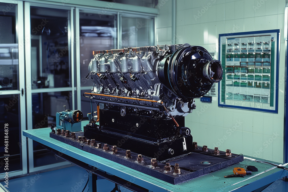 Poster an engine being tested on dynamometer in laboratory setting, showcasing precision and technology