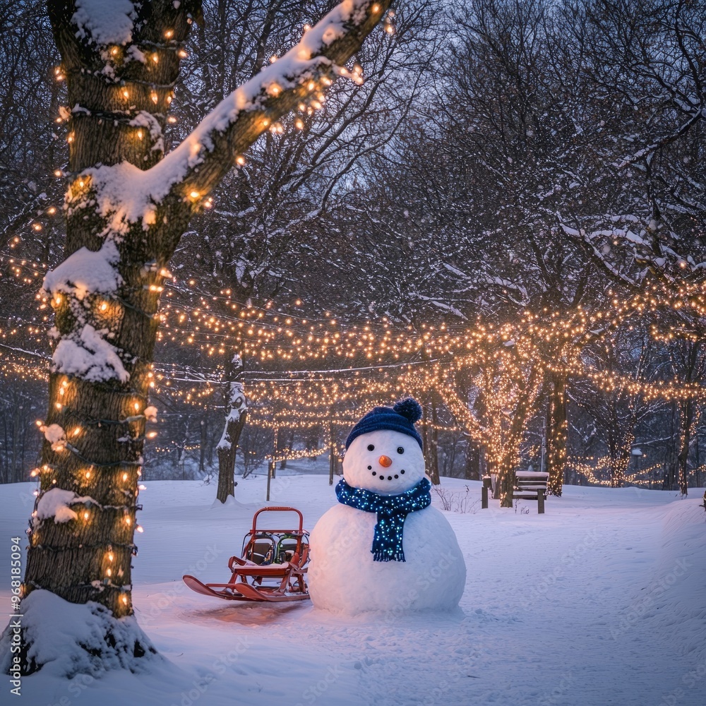 Sticker A snowy park scene with a snowman, sled, and festive lights creating a winter atmosphere.