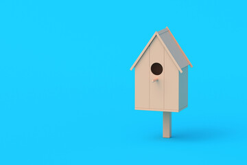 One birdhouse on blue background. Wild bird care. Copy space. 3d render