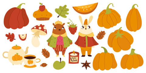 Autumn elements set, cute hand drawn seasonal objects and characters. Vector illustration in flat style