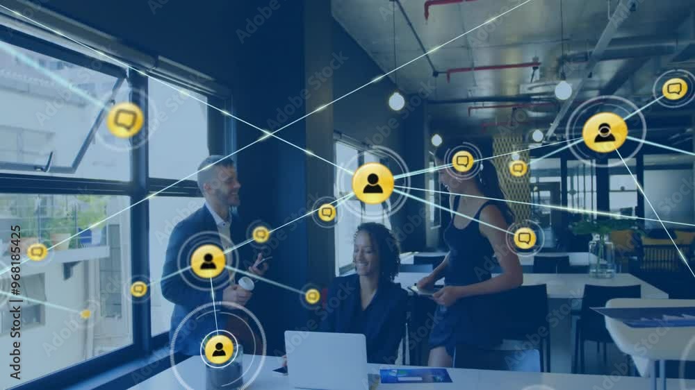 Poster animation of network of connections with icons over diverse colleagues discussing work in office