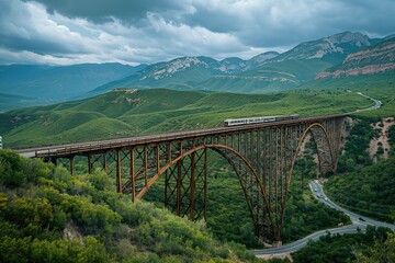 A train travels along a high iron bridge, surrounded by green mountains under a cloudy sky, offering breathtaking views