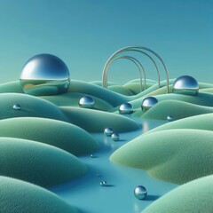 Obraz premium A captivating abstract landscape with shimmering spheres and rolling hills under a serene sky, perfect for creative projects in technology and design.