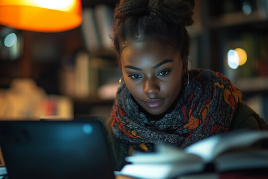 A student intensely focused on writing an essay, surrounded by notes, books, and a laptop screen glowing in the dim light.