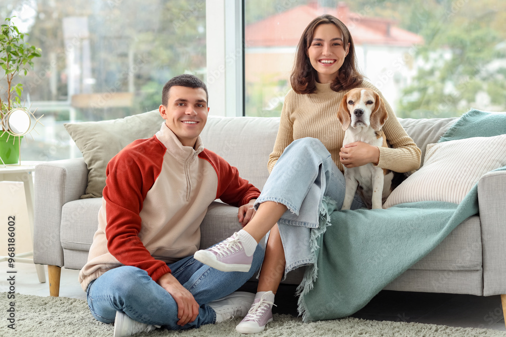 Poster Young couple with cute Beagle dog at home