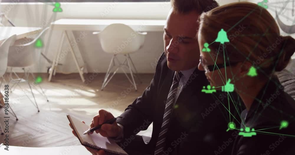 Poster animation of network of connections with icons over diverse colleagues working in office