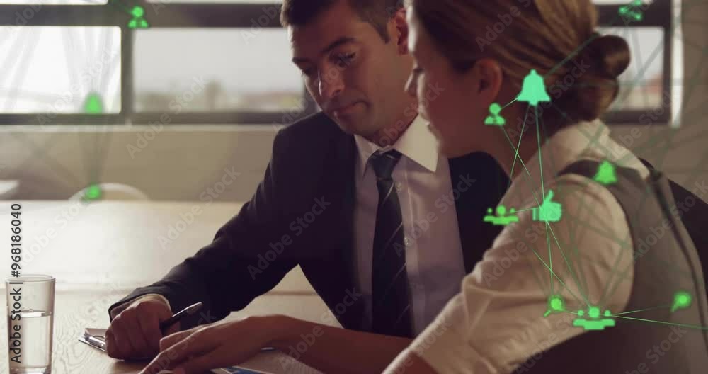 Poster animation of network of connections with icons over diverse colleagues working in office