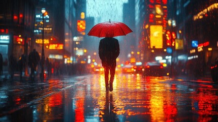 A person walks with a red umbrella in a rainy urban setting.