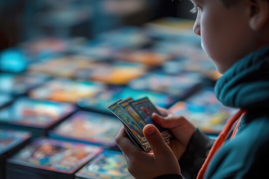 A boy examines his trading cards with deep focus at a lively market filled with colorful displays