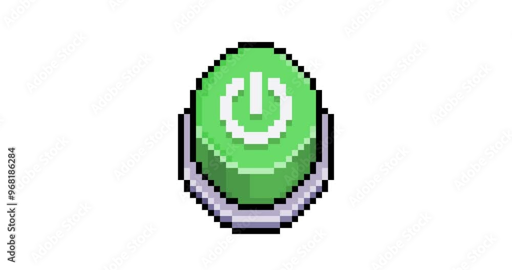 Poster green power button animation in 8-bit pixel art style