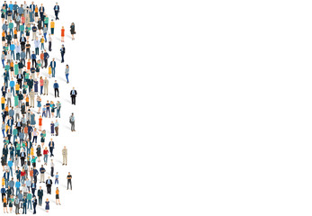 illustration vectorielle montrant une foule multi raciale de personnages d'âges et de culture différents. Familles, personnes âgées, enfants et personnes au travail en flat design. Place pour le texte