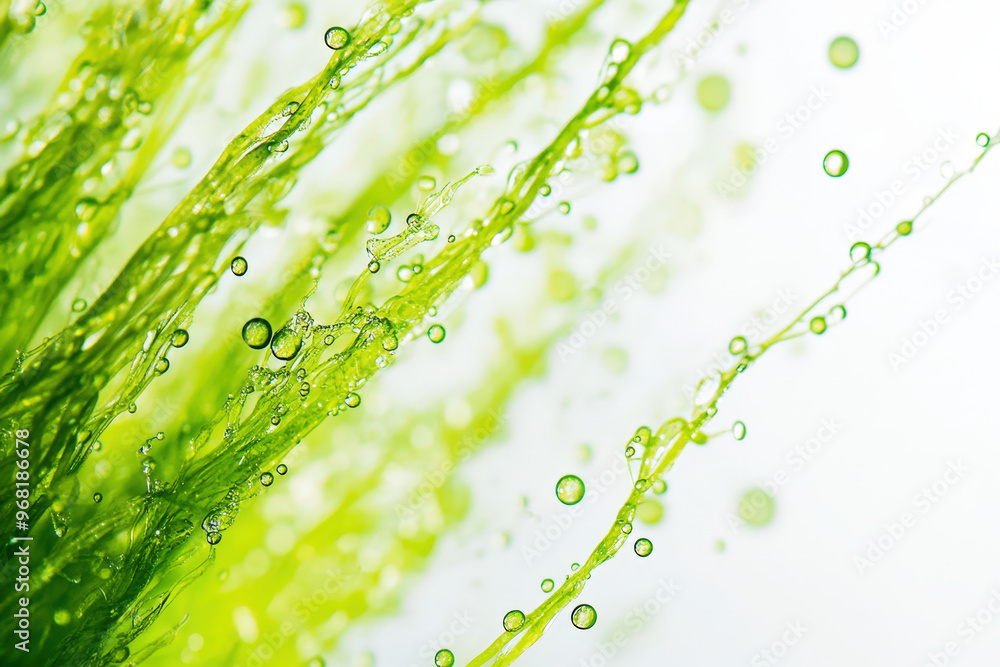 Poster fresh green seaweed is creating an abstract pattern on a white background