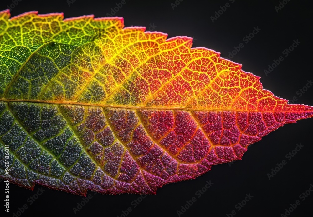 Poster a close-up of the edge of an autumn leaf, with rich colors blending from green to red and yellow the