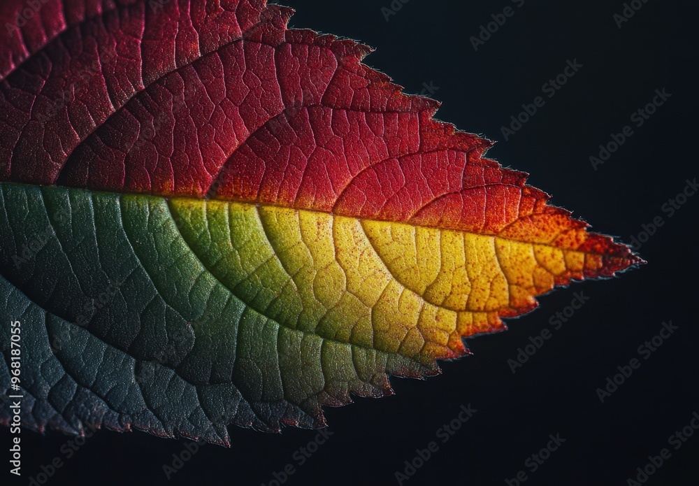 Poster a close-up of the edge of an autumn leaf, with rich colors blending from green to red and yellow, cr