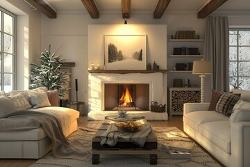 Fototapeta premium A cozy living room with a fireplace and a book on a coffee table,