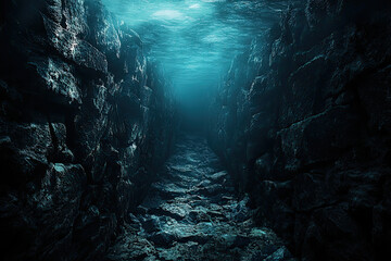 Mysterious underwater trench with dark rocky walls and serene atmosphere
