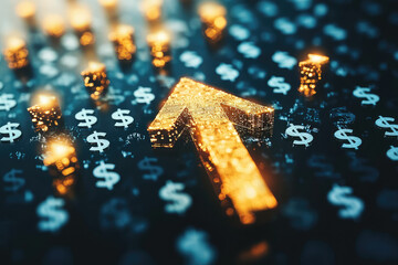 Upward arrow symbolizing financial growth with dollar signs in background