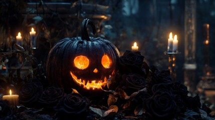 Obraz premium Jack-o'-Lantern with Black Roses and Candles