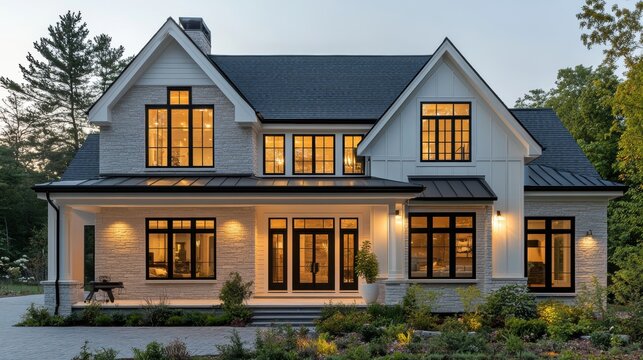 modern farmhouse architecture, a modern farmhouse with a sleek and symmetrical exterior design, tall windows, and a welcoming feel, exuding chic and stylish vibes