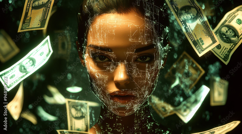 Wall mural An AI entity with female human features surrounded by holographic patterns and floating dollar bills, symbolizing the integration of artificial intelligence into financial management.