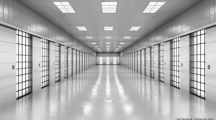 Fototapeta premium Illuminated prison corridor featuring rows of cells and barred doors with a clean walkway
