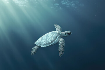 Gliding sea turtle swimming gracefully in ocean depths