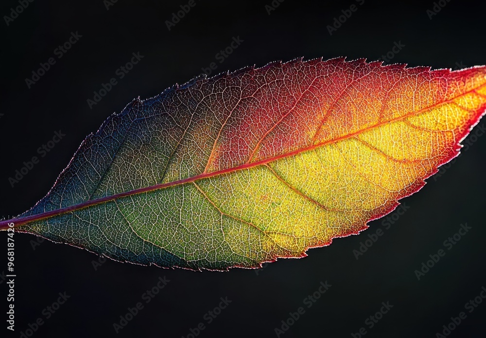 Poster a close-up of the edge of an autumn leaf, with rich colors blending from green to red and yellow, cr