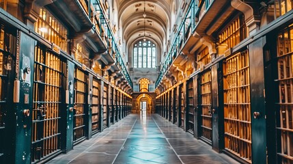 Fototapeta premium Prison corridor featuring rows of cells with barred doors under bright ceiling lighting
