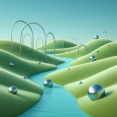 Obraz premium A vibrant, surreal landscape featuring rolling green hills, reflective spheres, and flowing water, perfect for creative projects in design, technology, and wellness sectors.