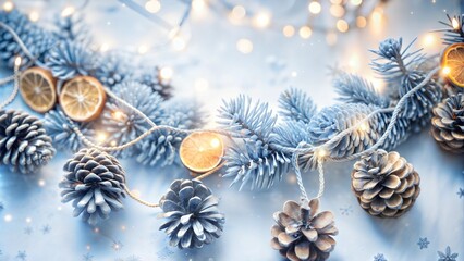 Frosted pinecones and dried orange garland on snowy branches with warm lights, winter solstice decor
