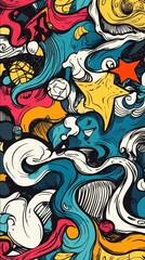 The artwork features vibrant swirling patterns in blue, yellow, red, and black, creating a lively and imaginative atmosphere throughout